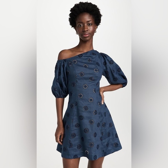 NWT Figue Darcy Dress Navy Eyelet Off Shoulder Mini - Picture 1 of 7